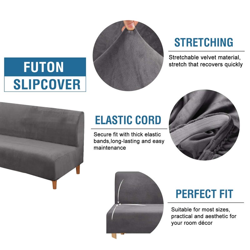 H.VERSAILTEX Real Velvet Futon Cover Armless Sofa Covers Sofa Bed Covers Stretch Futon Couch Cover Sofa Slipcover Furniture Protector Thick Soft Velvet Fabric Form Fitted Stay in Place, Grey - Image 2
